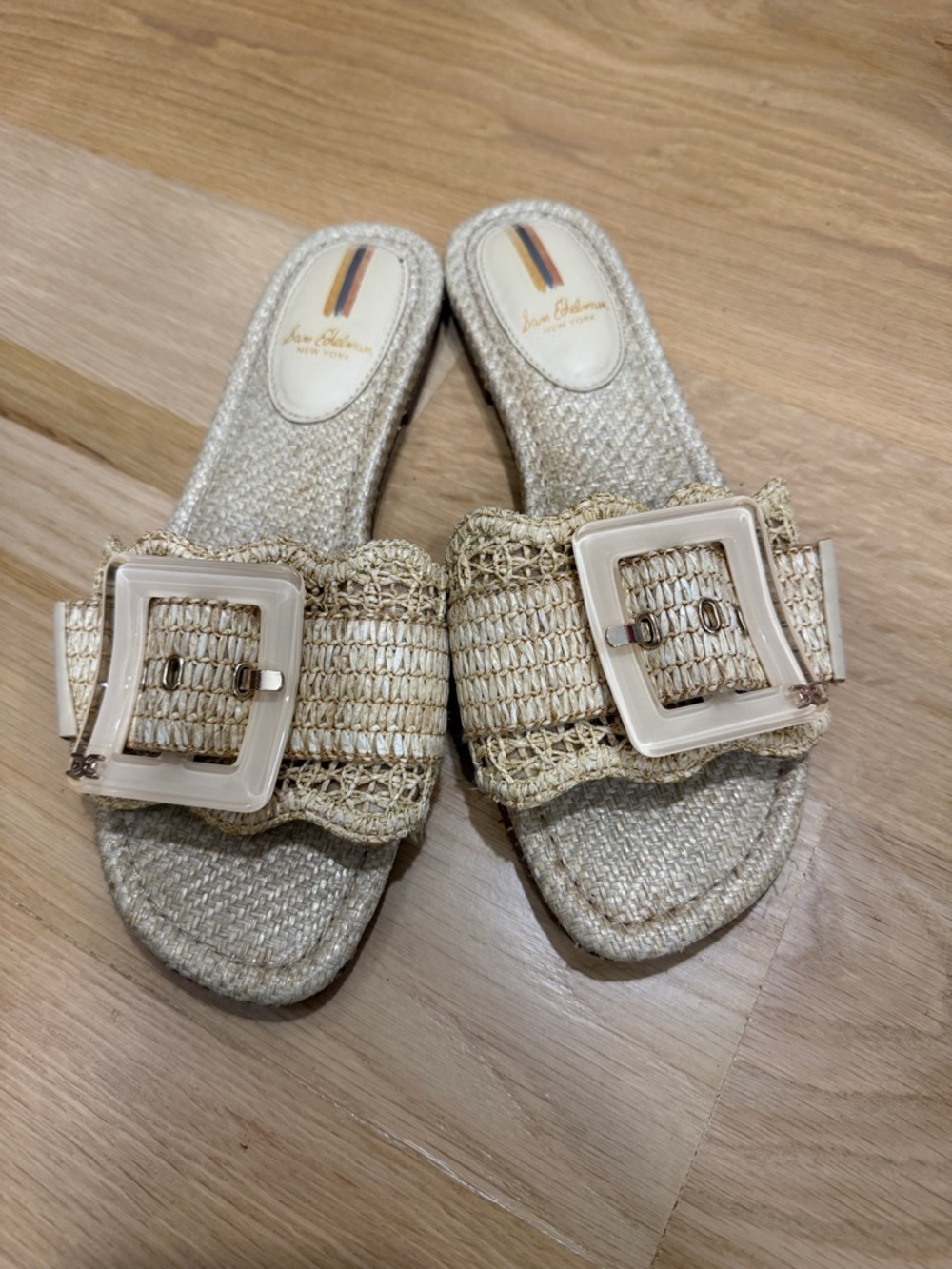 Sam Edelman Cream Woven Raffia Slide Sandals with Square Buckle